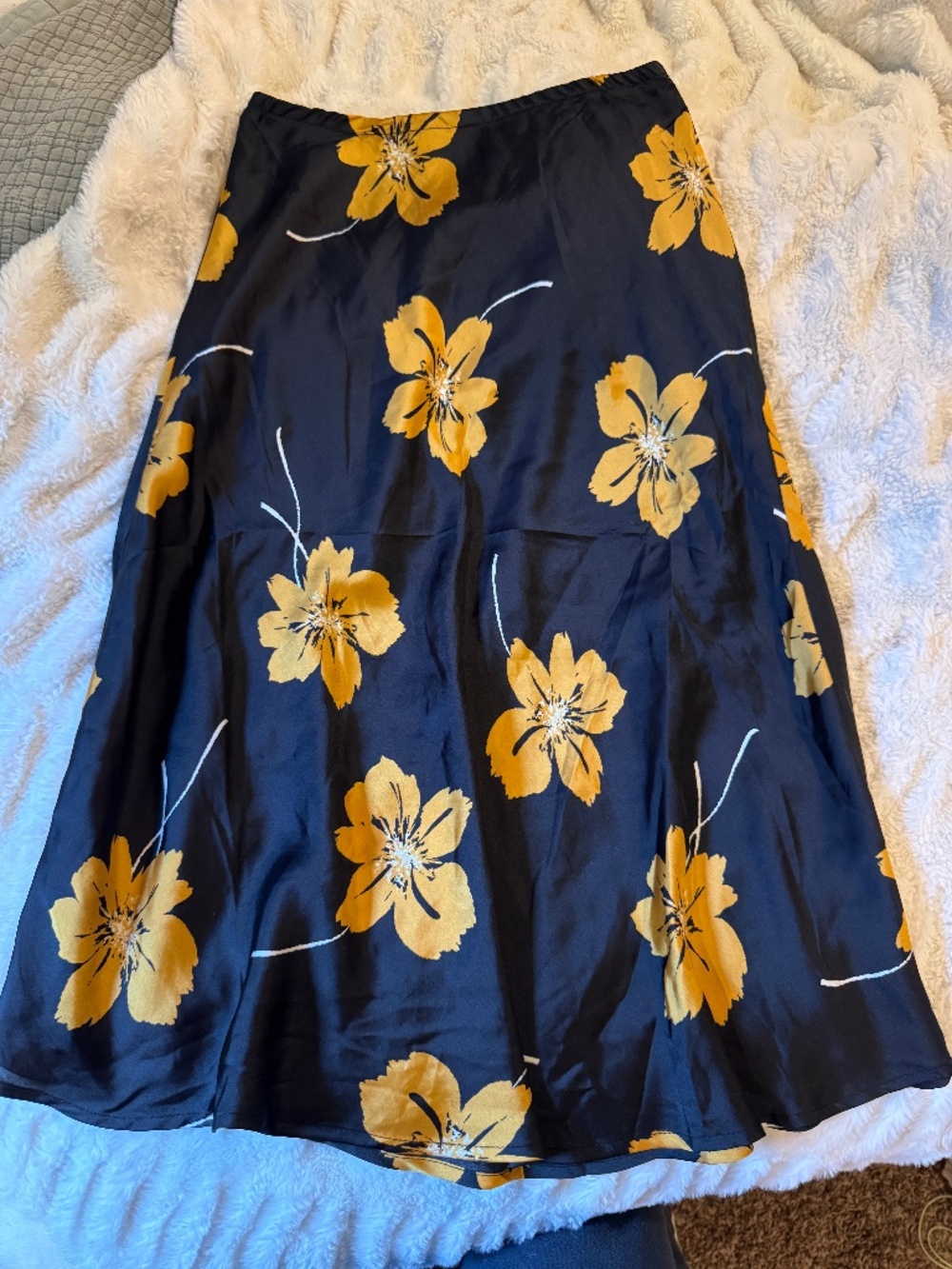 Black Floral Satin Midi Skirt